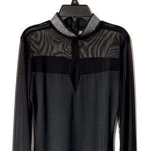 NWOT CBR Black Long Sleeve High Neck Rhinestone Sheer Mesh Midi Dress, Size M